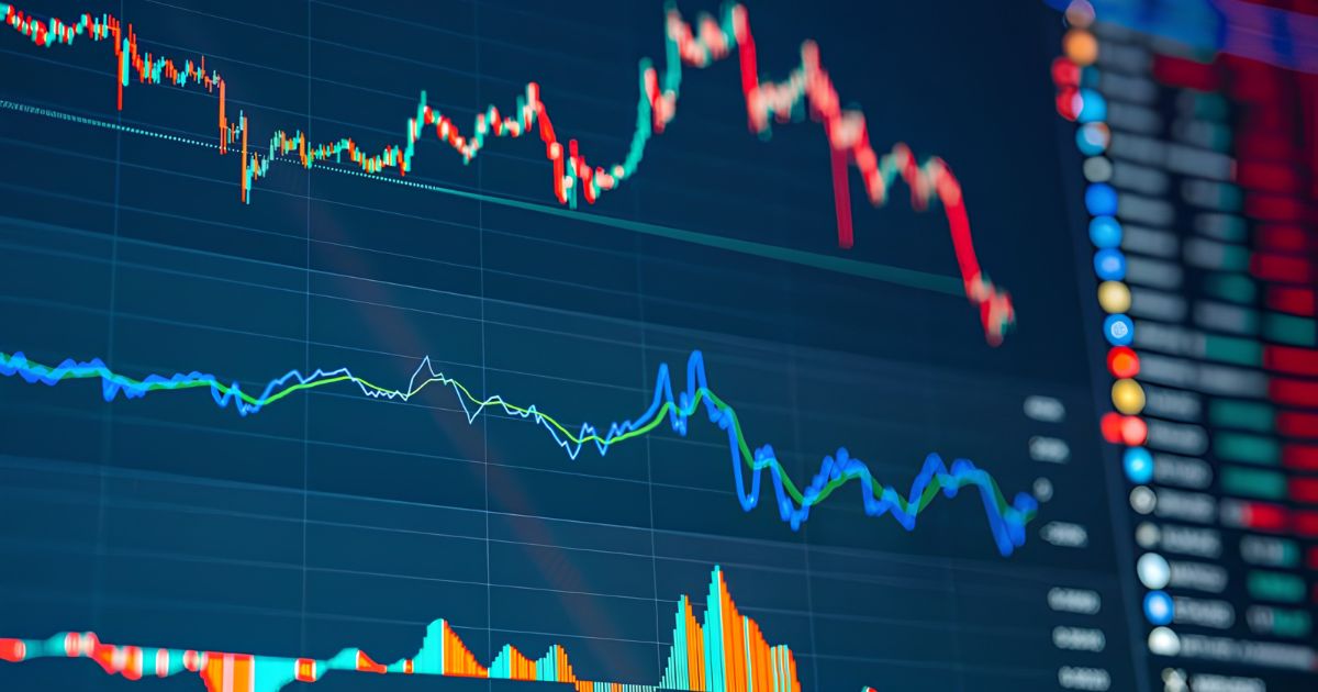 Stock market chart with red and green candlesticks, blue/green trend lines, and volume bars at the bottom.